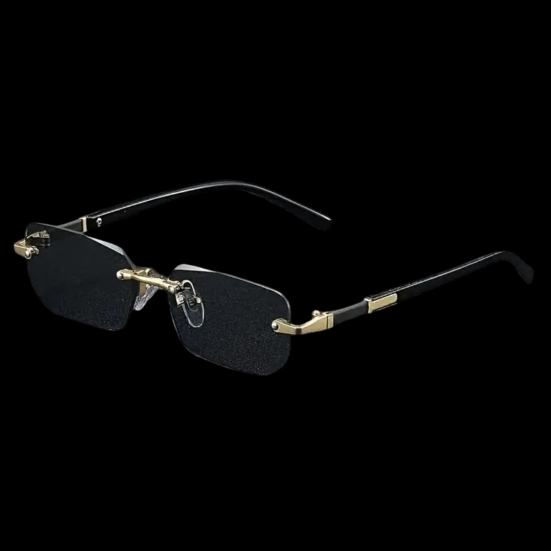 Vintage Rimless Square Sunglasses – Gold Steel Frame with Black Lenses