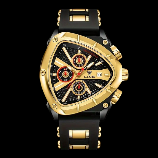 Bold Polygon Chronograph – Gold & Black Silicone Watch
