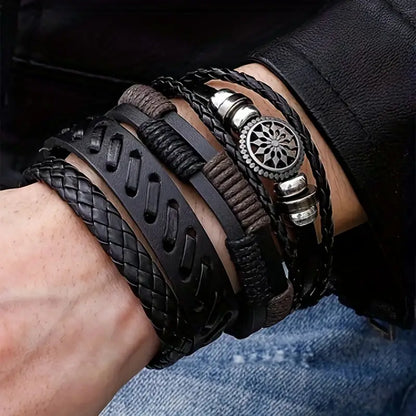 Vintage Leather Bracelet Set – 4 Pieces for Men