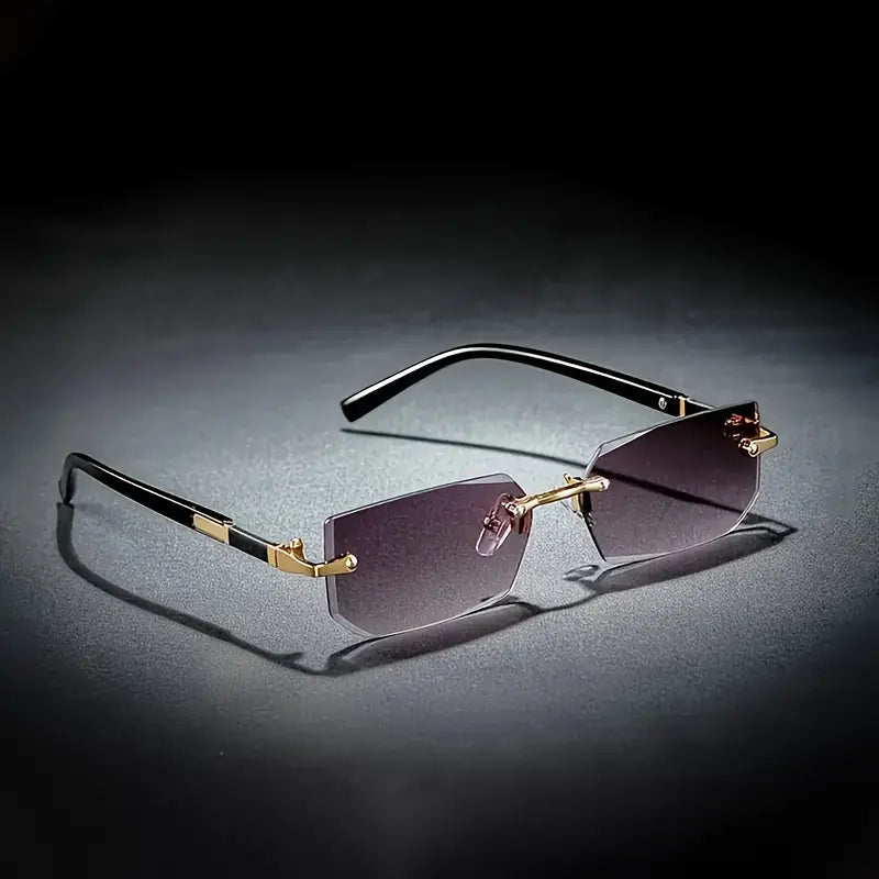 Vintage Rimless Square Sunglasses – Gold Steel Frame with Black Lenses